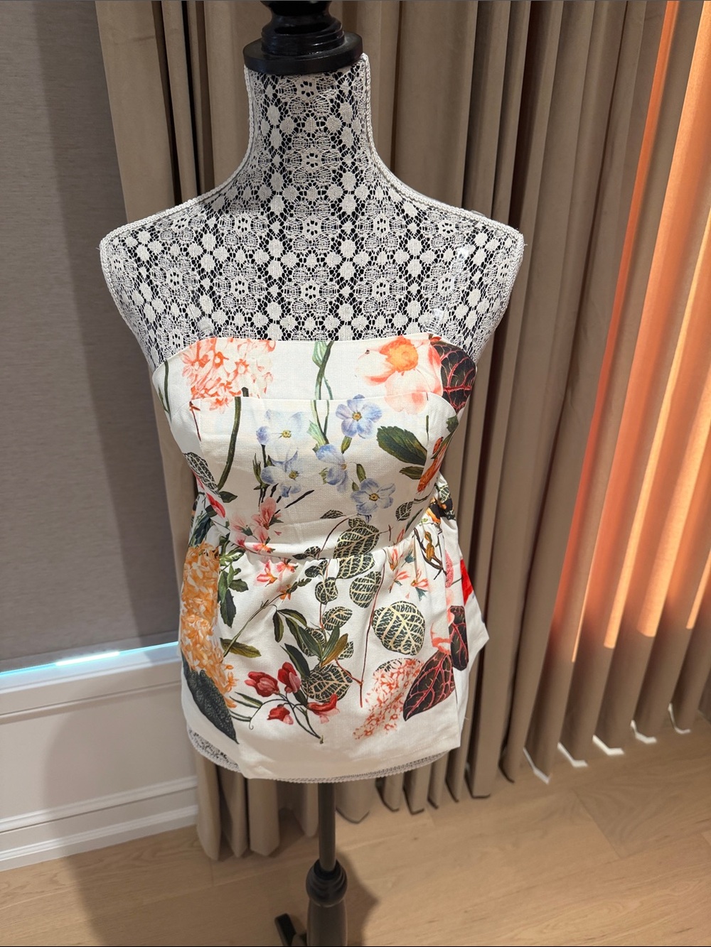 Commense Strapless Floral Bustier Top in White with Multi-Color Print